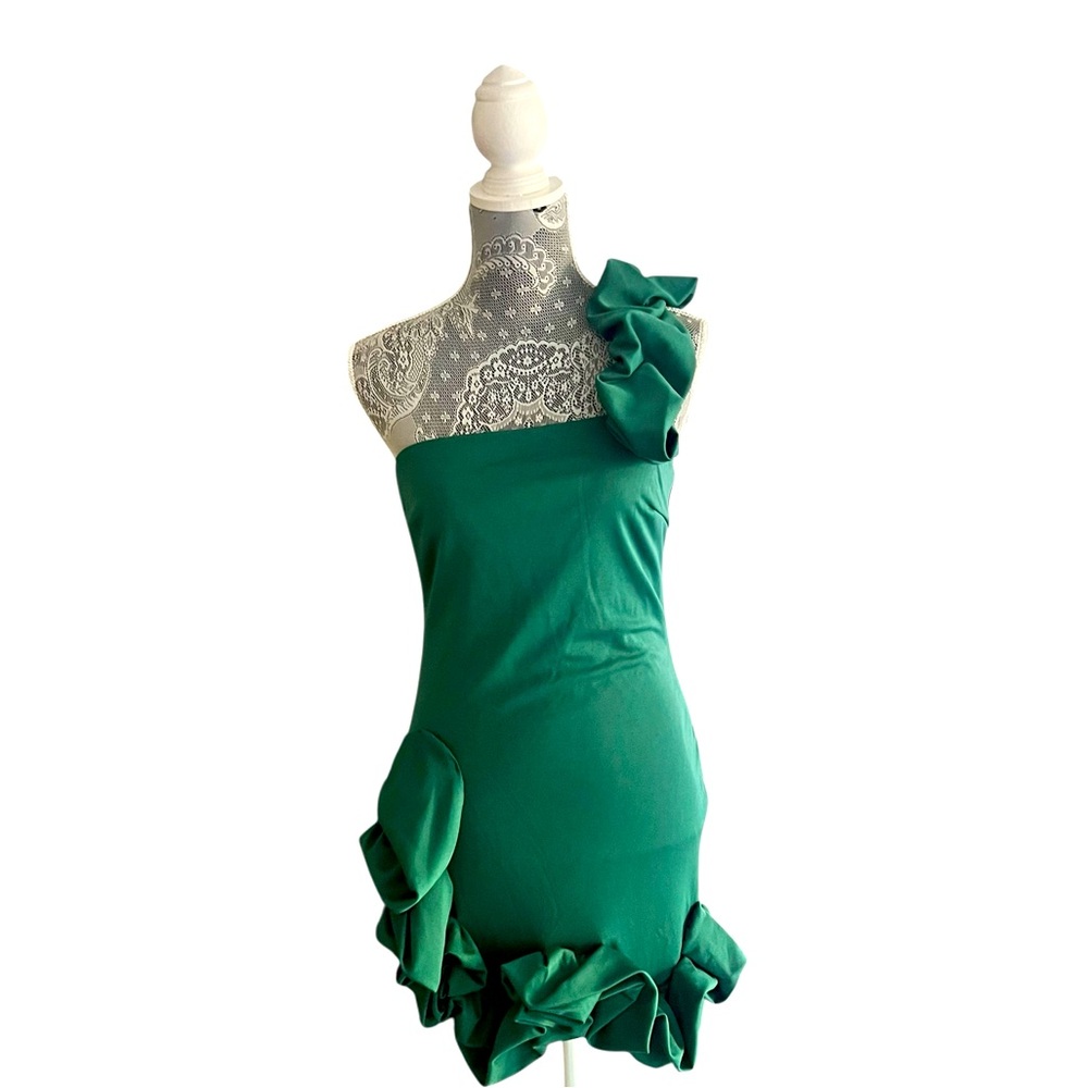 Emerald Green One Shoulder Ruffle Mini Dress Size Medium